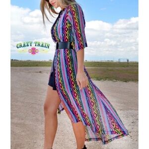 Crazy Train Stretchy Mesh Multi Aztec Print Long Short Sleeve Duster Shawl